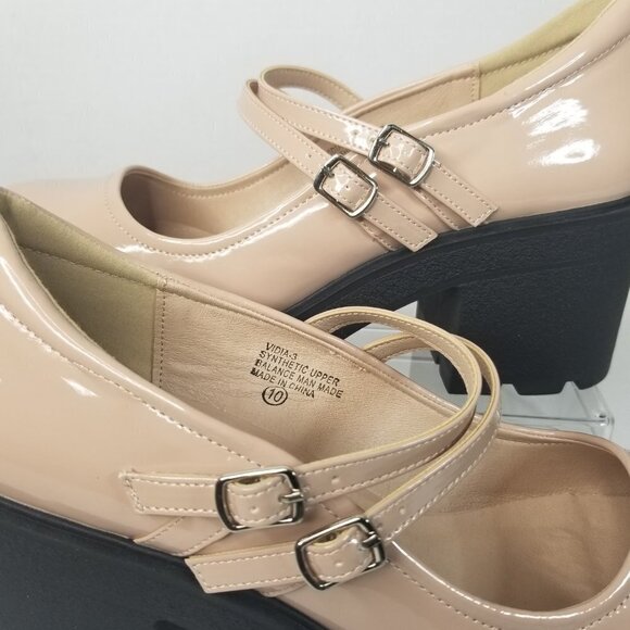 Women’s Preppy Nude Mary Jane Chunky Block Platform Heel Patent Academia Y2K 10M - Picture 11 of 15